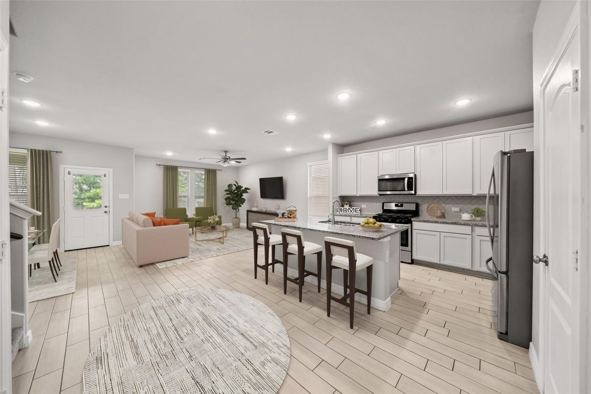Interior, Kitchen, Living room, Recessed Lighting, Stainless Steel Appliances, Wood Texture Flooring