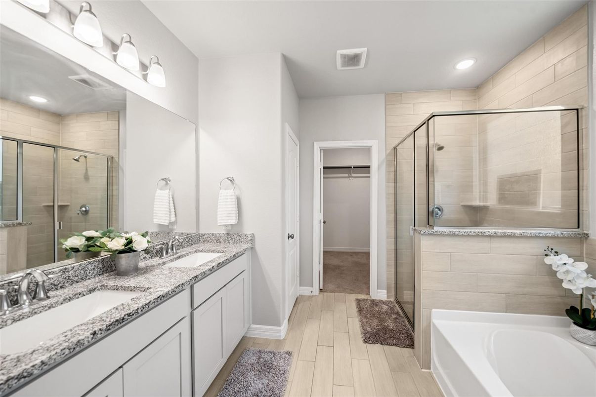 Bathroom, Dual Sink Vanities, Glass Shower, Interior, Recessed Lighting, Wood Texture Flooring