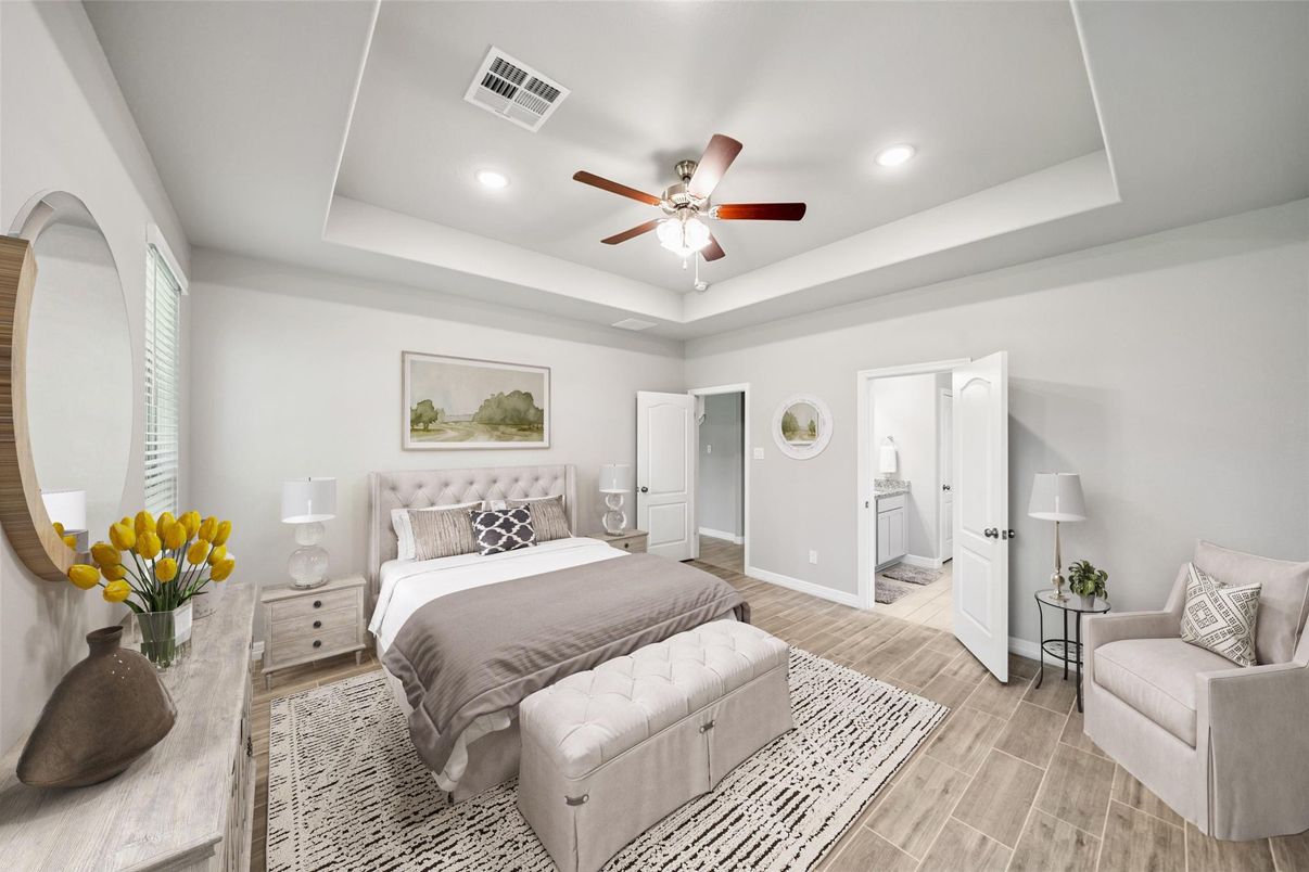 Bedroom, Interior, Recessed Lighting, Wood Texture Flooring