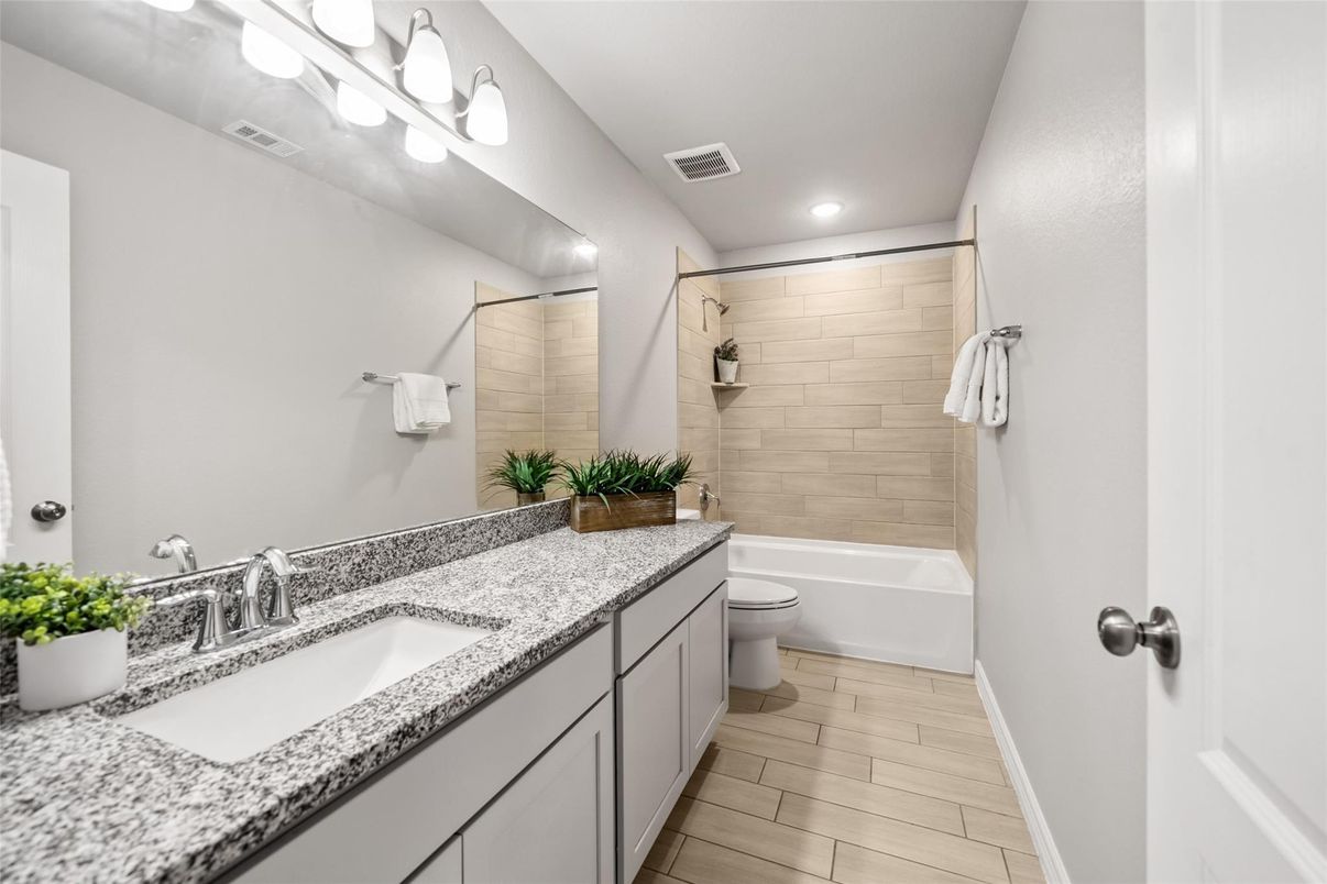 Bathroom, Dual Sink Vanities, Interior, Recessed Lighting, Wood Texture Flooring