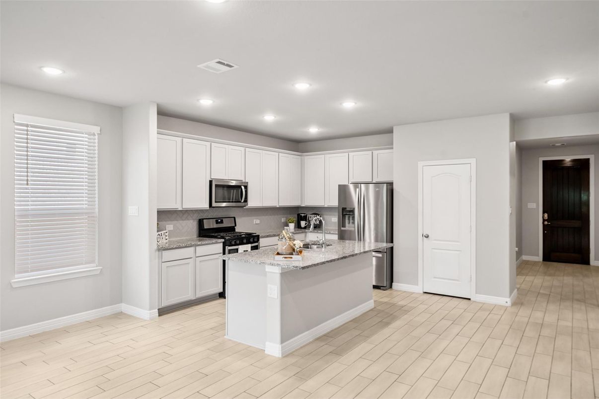 Interior, Kitchen, Recessed Lighting, Stainless Steel Appliances, Wood Texture Flooring
