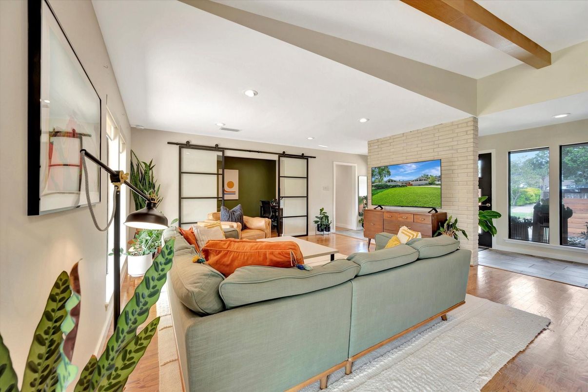 Interior, Living room, Recessed Lighting, Stone Walls, Wooden Beams, Wood Texture Flooring