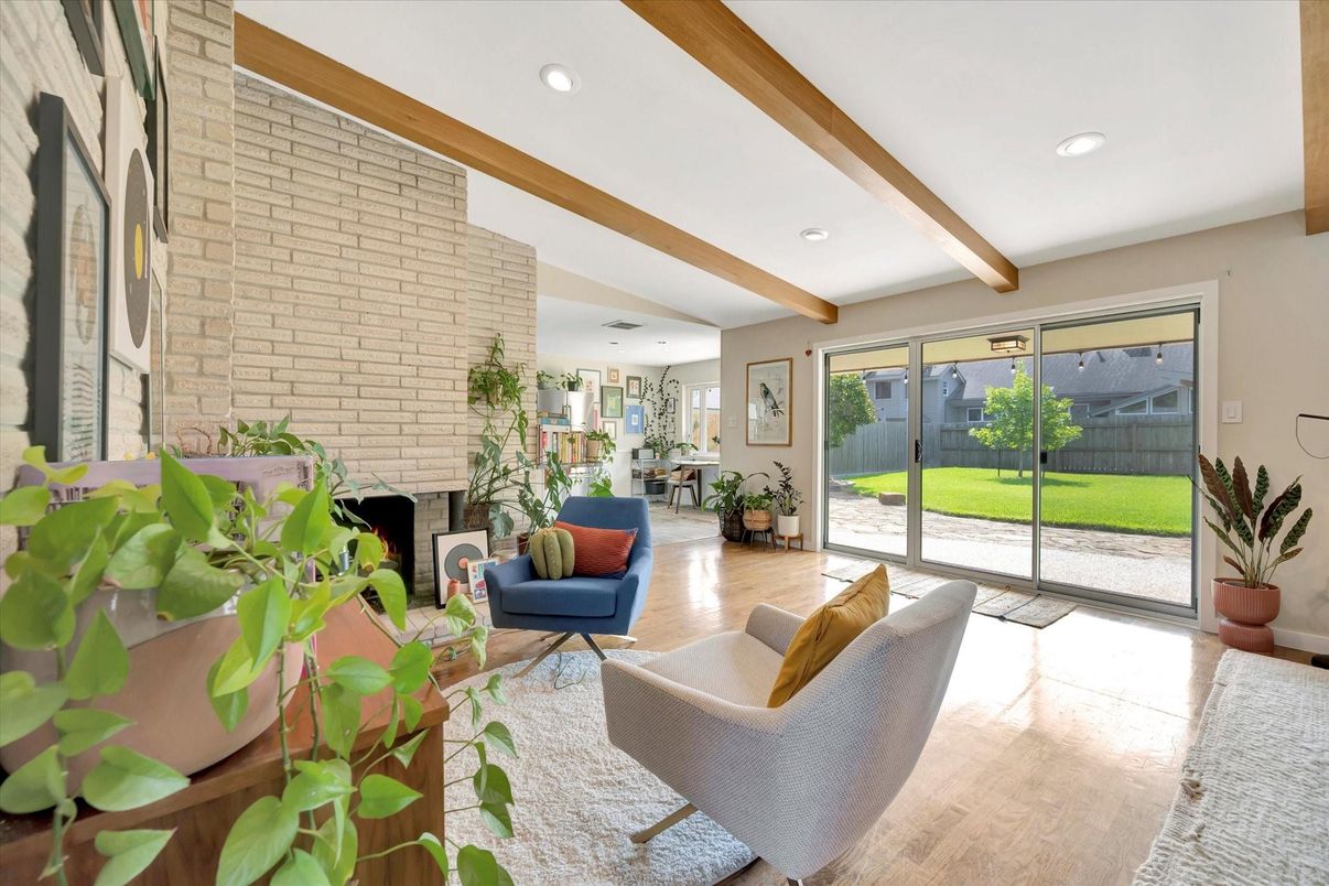 Fireplace, Interior, Living room, Recessed Lighting, Stone Walls, Wooden Beams