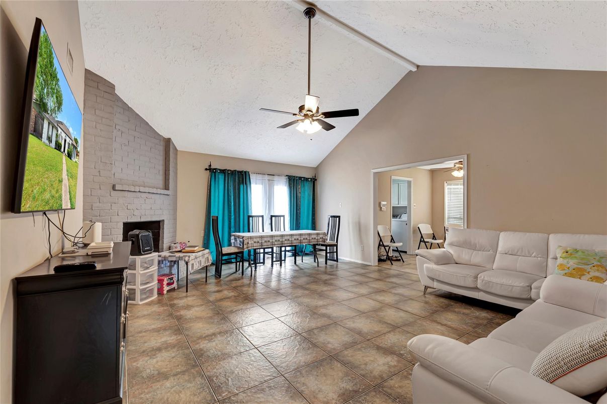 Dining room, Fireplace, Interior, Living room, Stone Walls