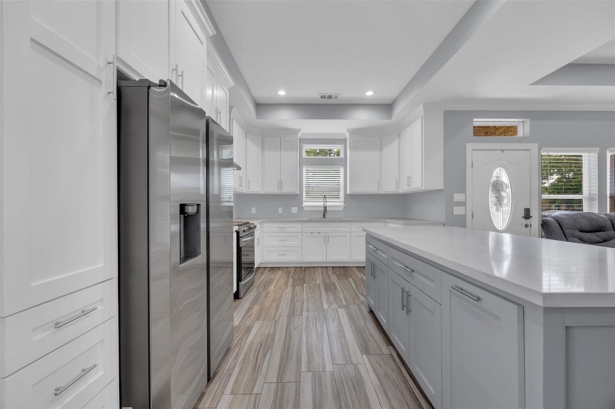 Interior, Kitchen, Recessed Lighting, Stainless Steel Appliances, Wood Texture Flooring