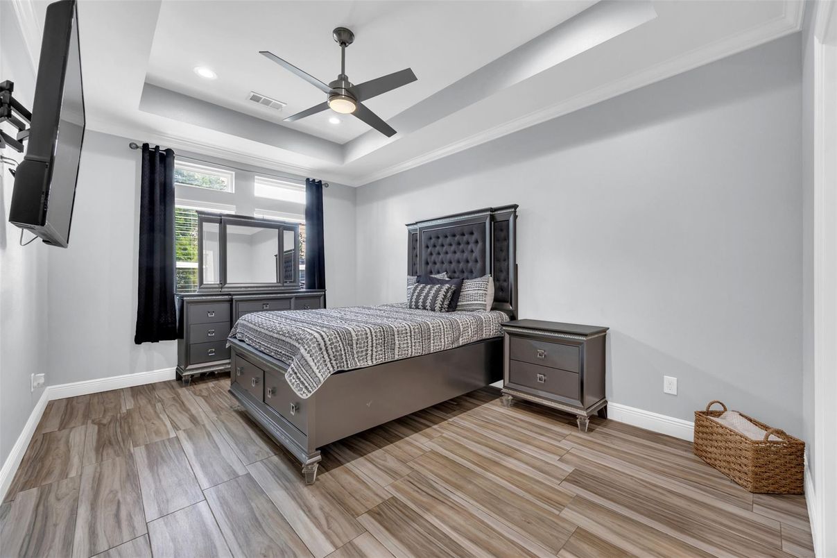 Bedroom, Interior, Recessed Lighting, Wood Texture Flooring