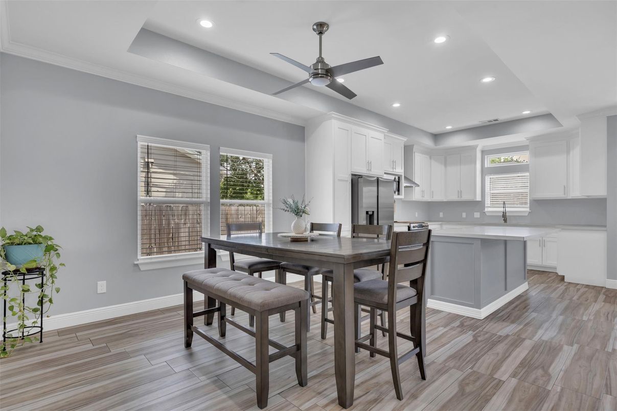 Dining room, Interior, Kitchen, Recessed Lighting, Stainless Steel Appliances, Wood Texture Flooring