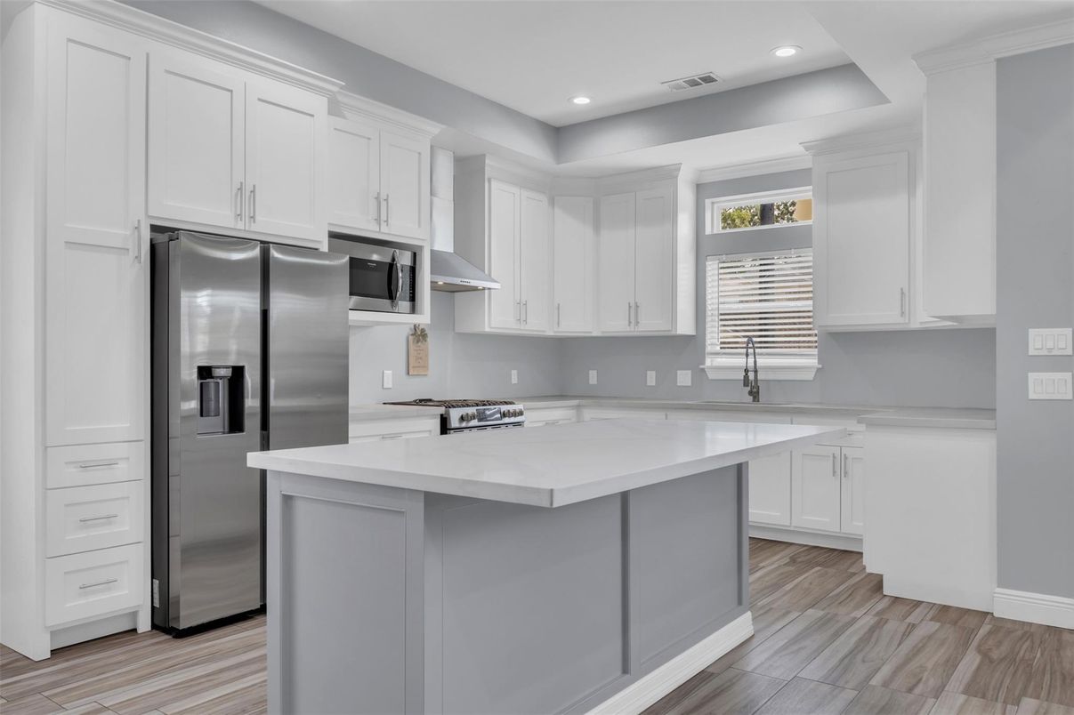 Interior, Kitchen, Recessed Lighting, Stainless Steel Appliances, Wood Texture Flooring