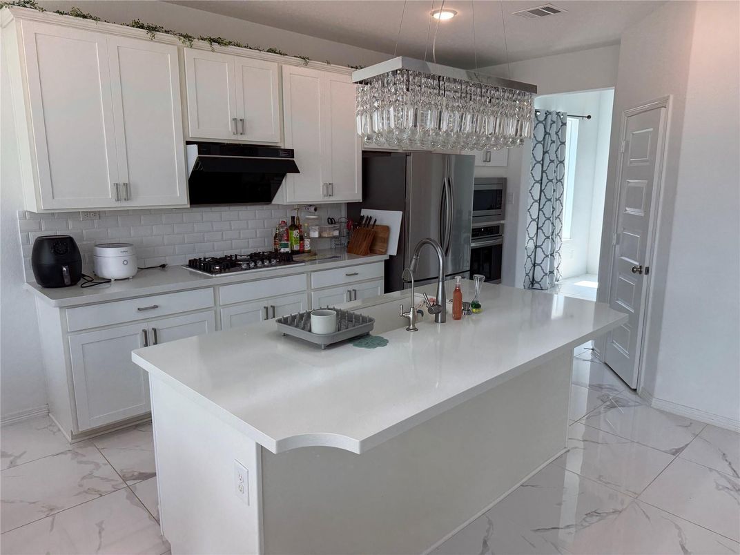 Chandelier, Interior, Kitchen, Marble, Stainless Steel Appliances
