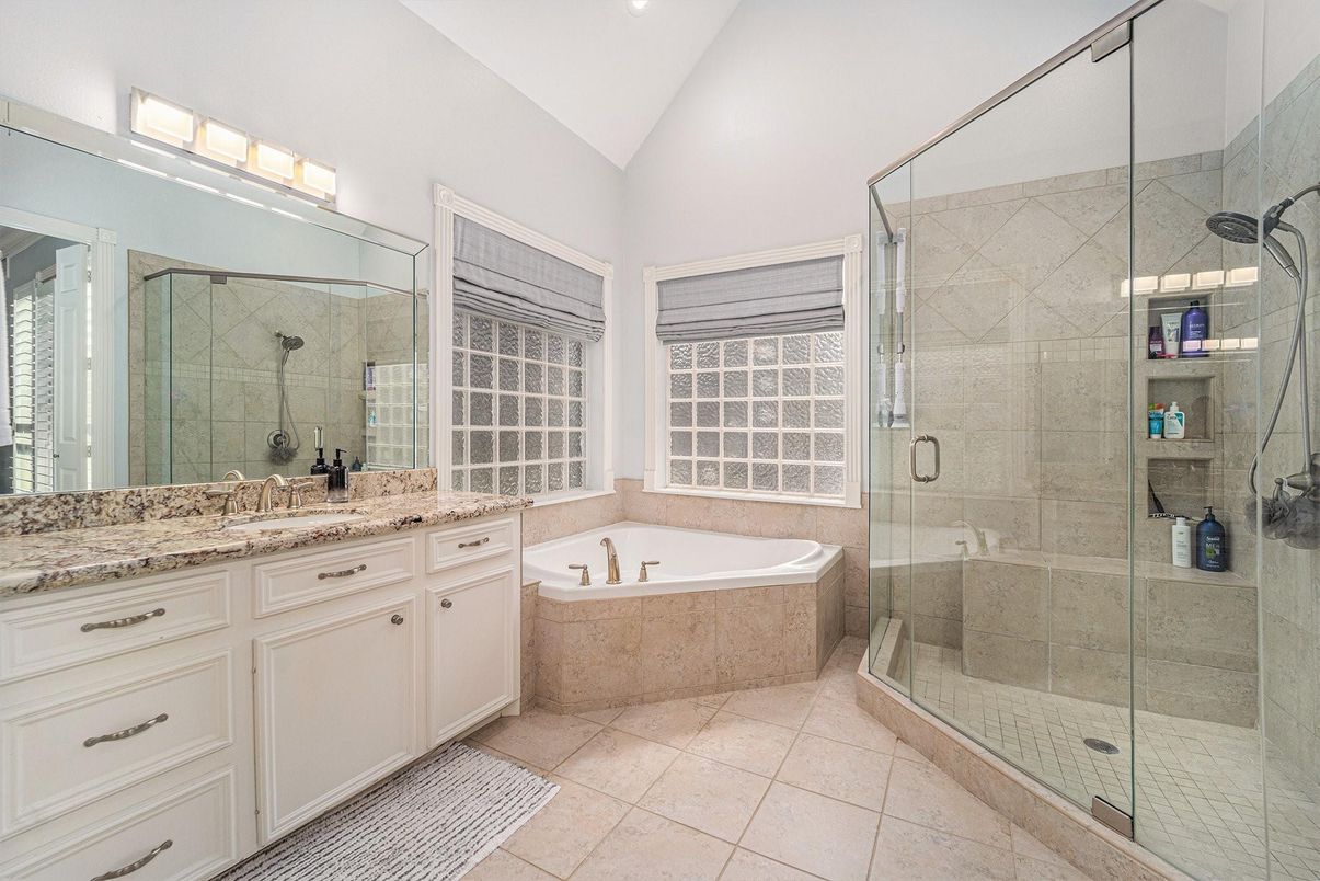 Bathroom, Dual Sink Vanities, Glass Shower, Interior, Recessed Lighting