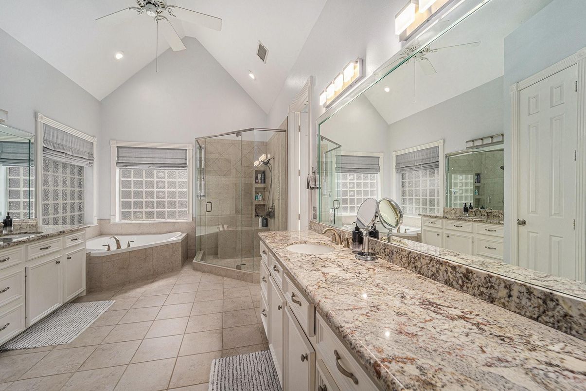 Bathroom, Dual Sink Vanities, Glass Shower, Interior, Recessed Lighting