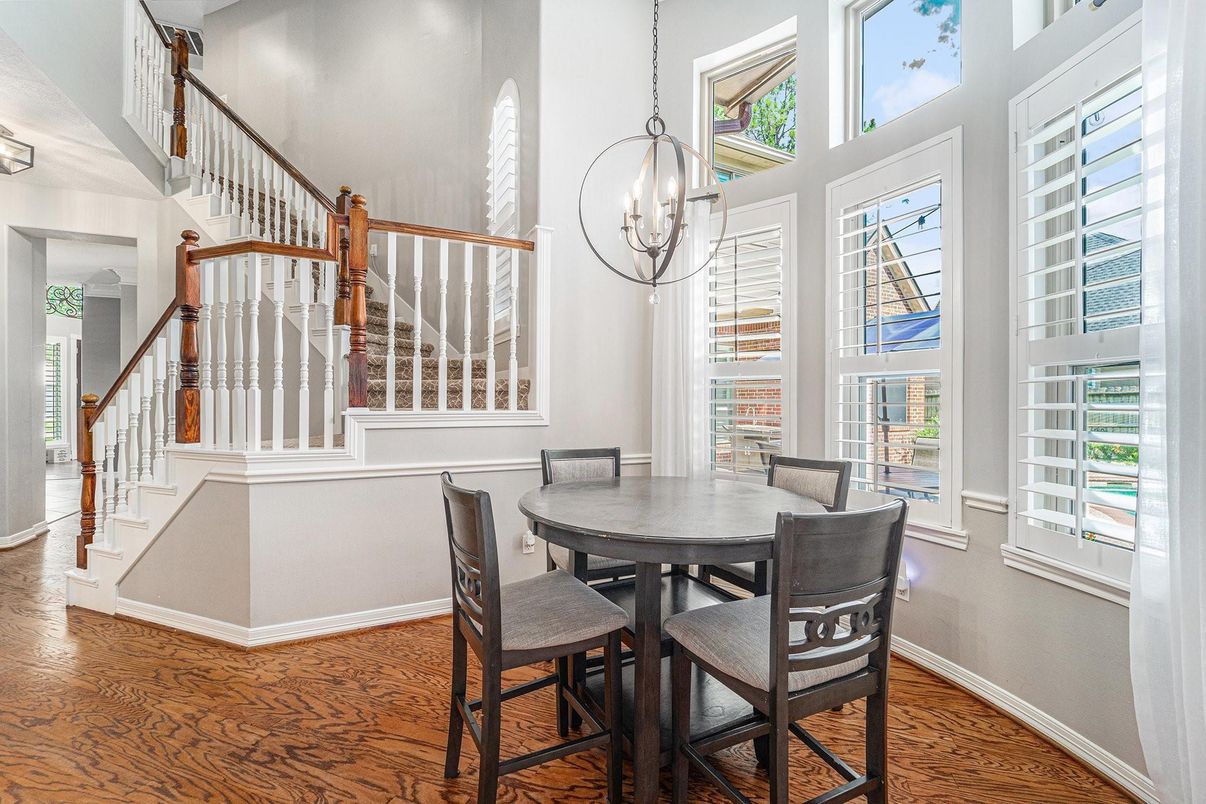 Dining room, Interior, Pendant Lights, Wood Texture Flooring