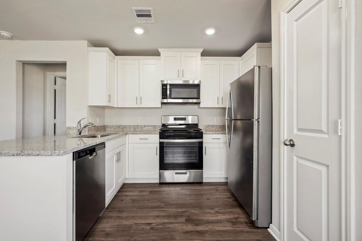 Interior, Kitchen, Recessed Lighting, Stainless Steel Appliances, Wood Texture Flooring