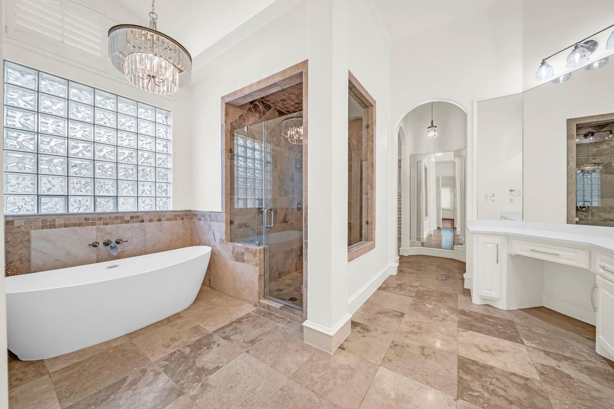 Bathroom, Chandelier, Free Standing Baths, Glass Shower, Interior, Pendant Lights