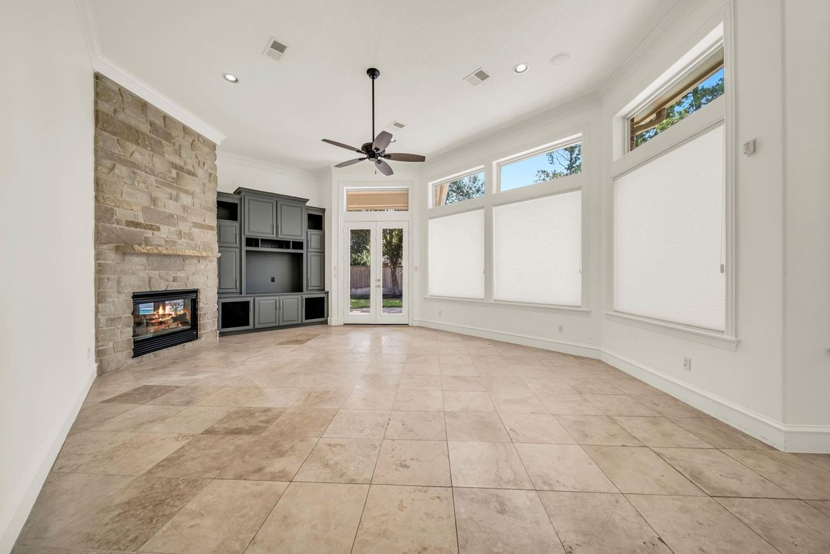 Empty room, Fireplace, Interior, Recessed Lighting, Stone Walls