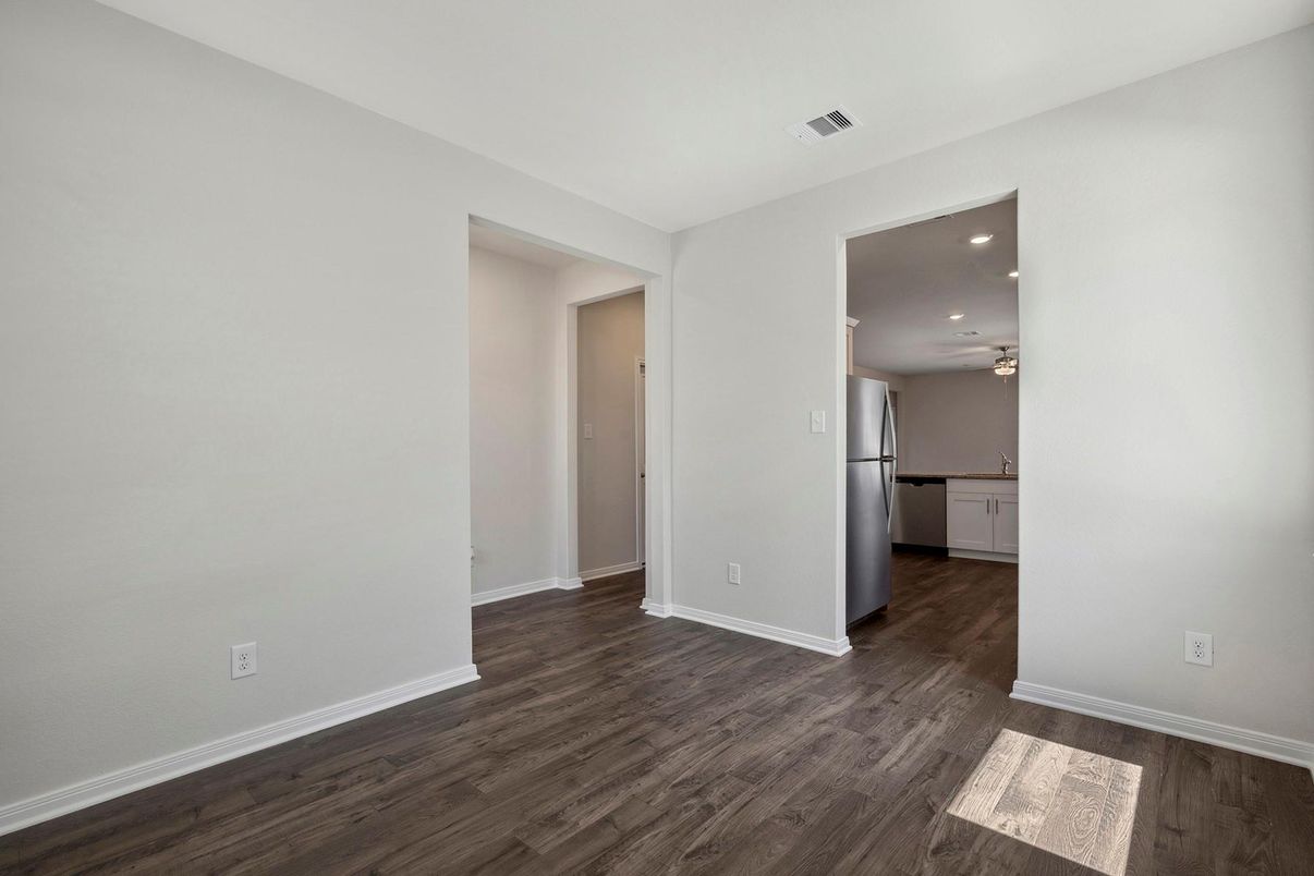 Empty room, Interior, Kitchen, Recessed Lighting, Wood Texture Flooring