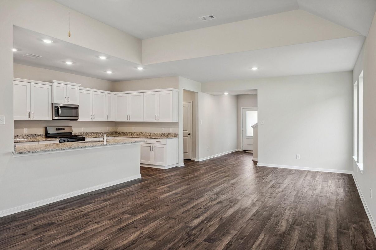Empty room, Interior, Kitchen, Recessed Lighting, Wood Texture Flooring