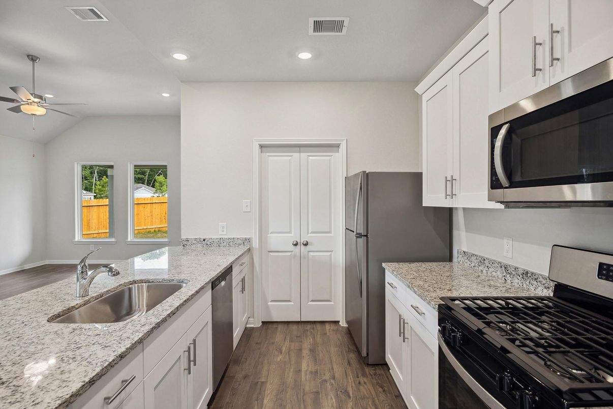 Interior, Kitchen, Recessed Lighting, Wood Texture Flooring