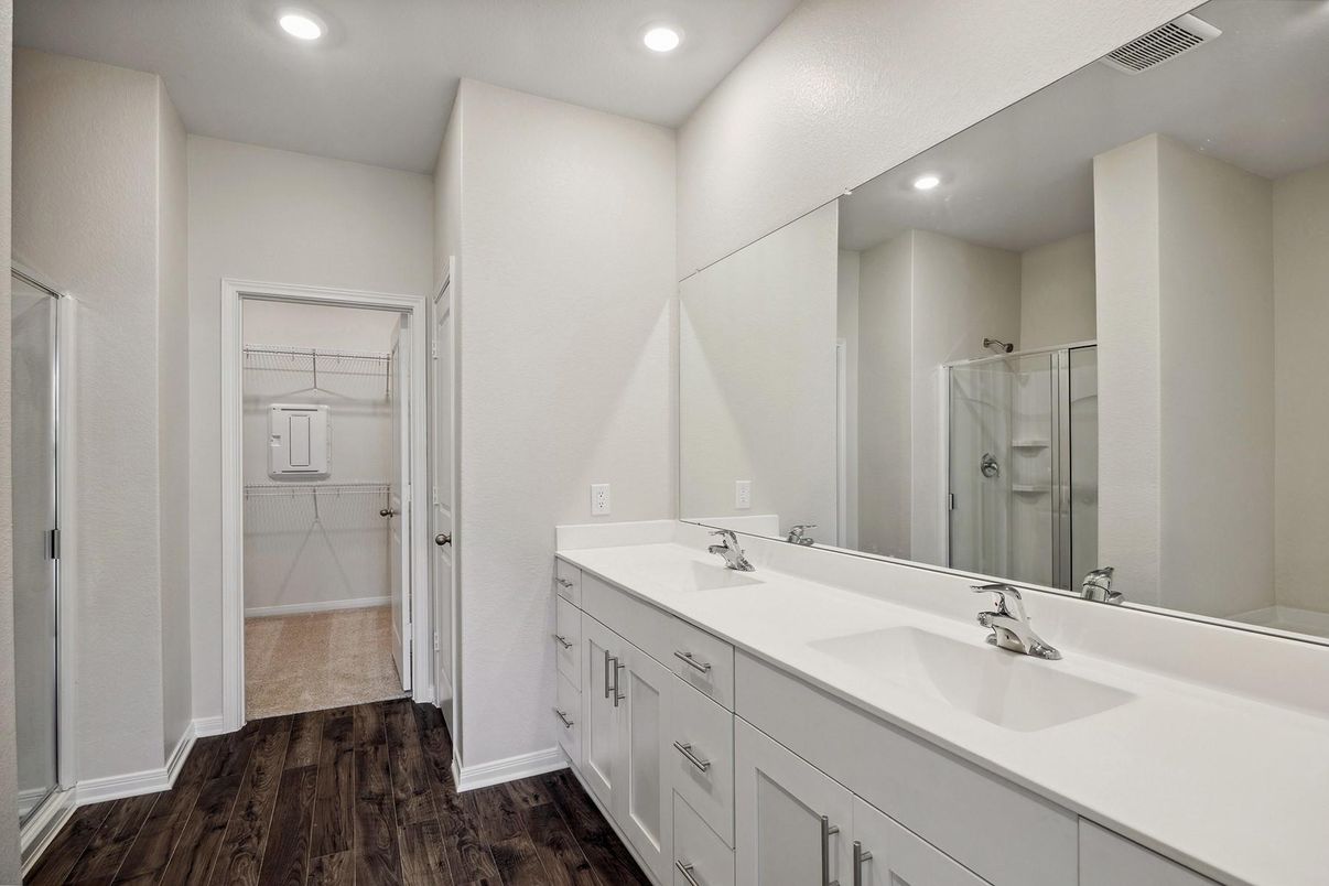 Bathroom, Dual Sink Vanities, Glass Shower, Interior, Recessed Lighting, Wood Texture Flooring