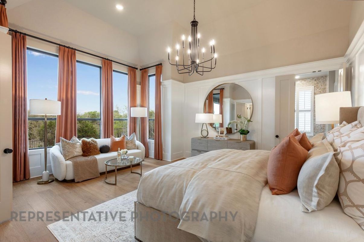 Bedroom, Chandelier, Interior, Recessed Lighting, Wood Texture Flooring