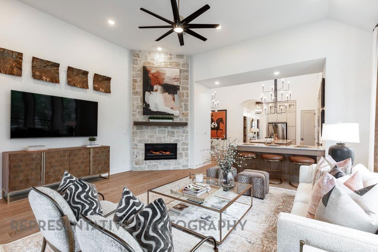 Fireplace, Interior, Kitchen, Living room, Pendant Lights, Recessed Lighting, Stone Walls, Wood Texture Flooring
