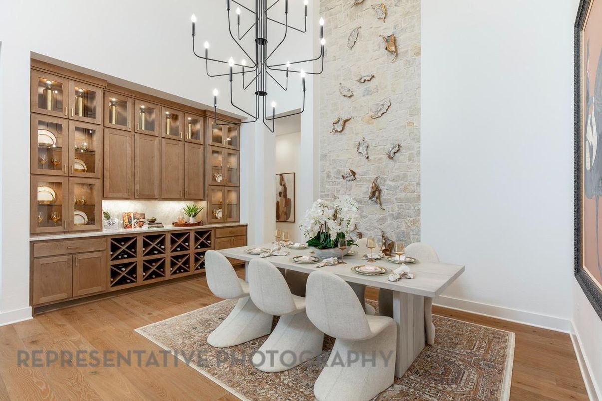 Chandelier, Dining room, Interior, Pendant Lights, Stone Walls, Wood Texture Flooring