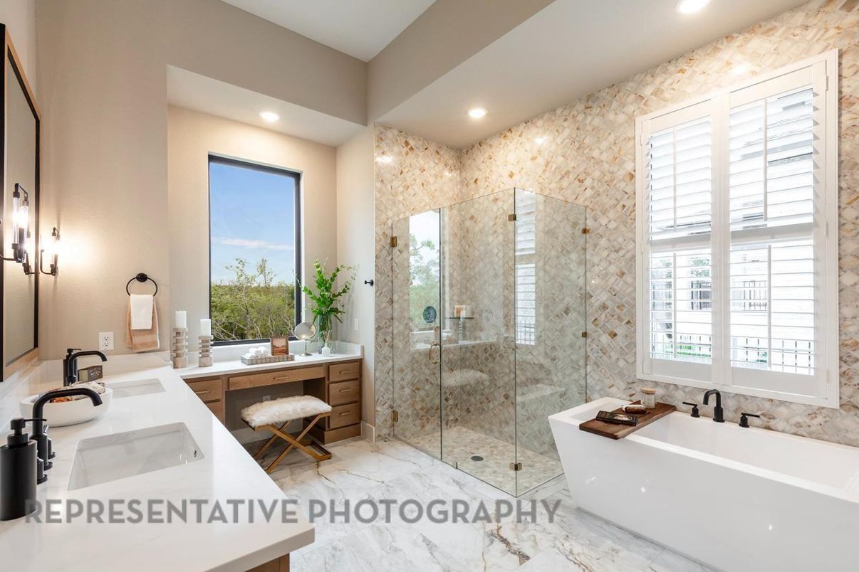 Bathroom, Dual Sink Vanities, Free Standing Baths, Glass Shower, Interior, Marble, Recessed Lighting