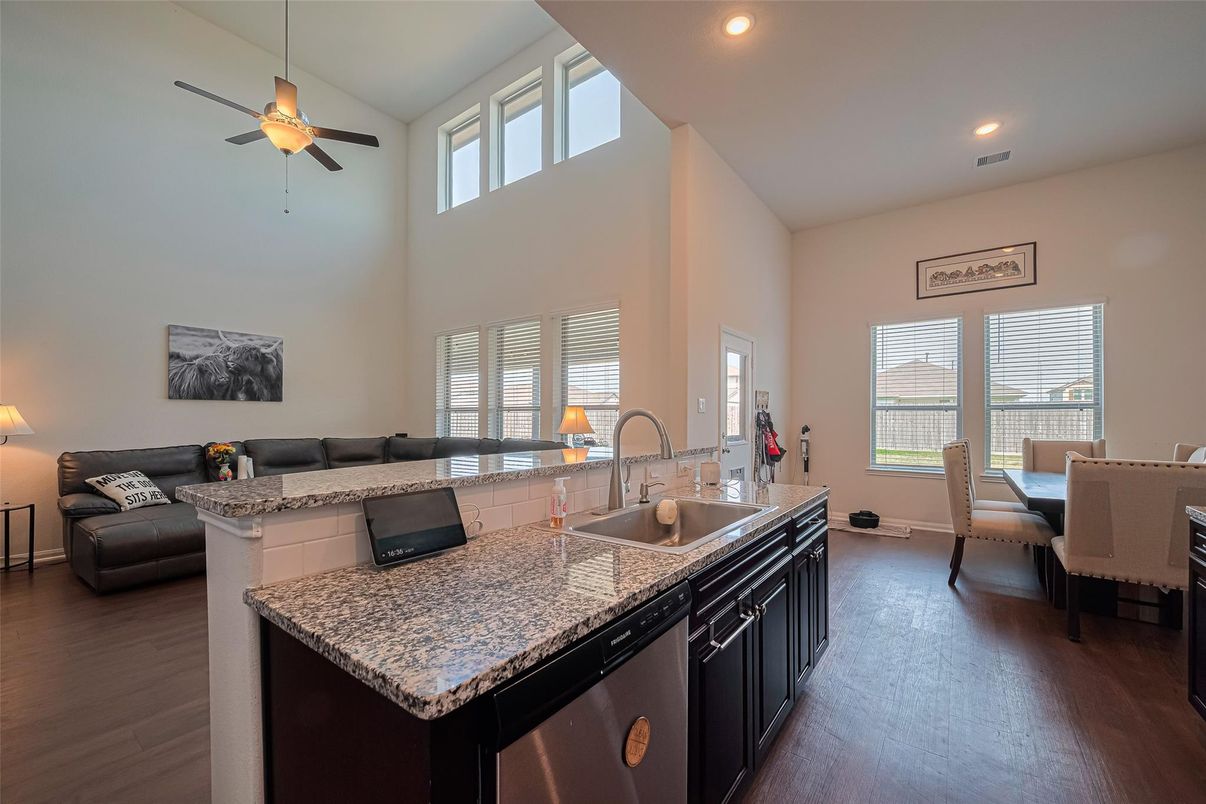 Dining room, Interior, Kitchen, Living room, Recessed Lighting, Wood Texture Flooring