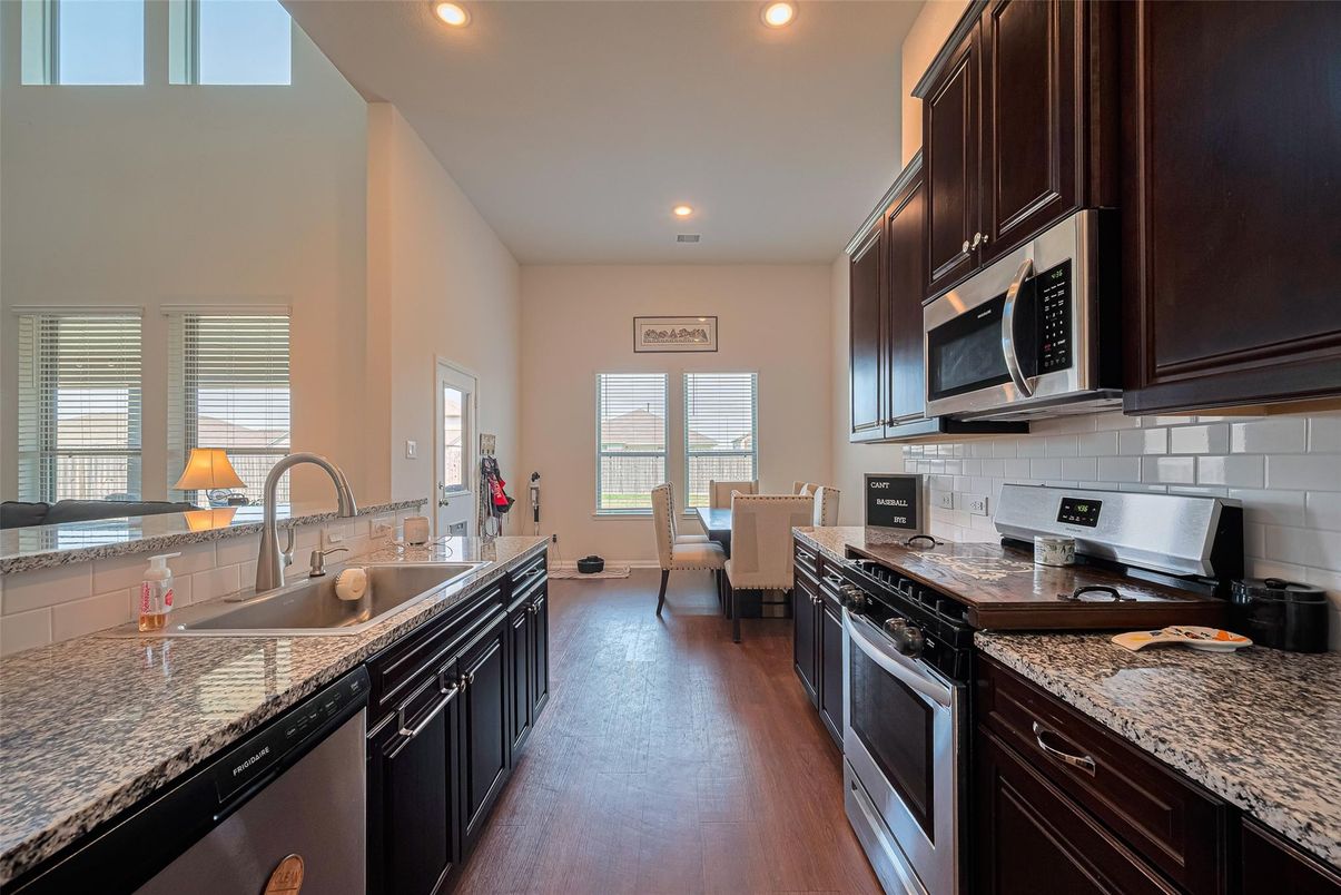 Dining room, Interior, Kitchen, Recessed Lighting, Wood Texture Flooring