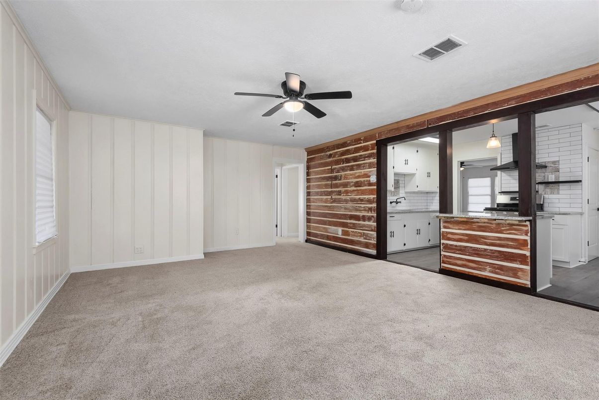 Empty room, Interior, Kitchen, Pendant Lights, Stone Walls
