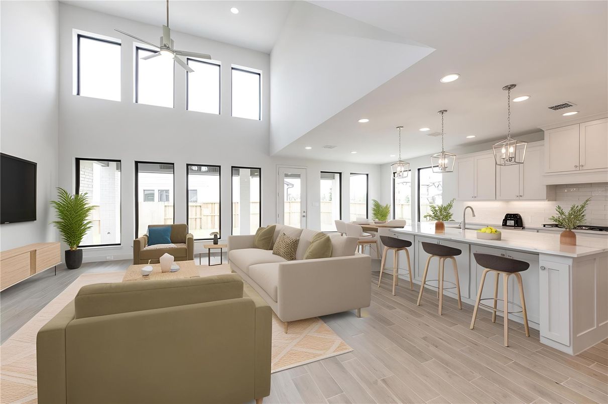 Dining room, Interior, Kitchen, Living room, Pendant Lights, Recessed Lighting, Wood Texture Flooring