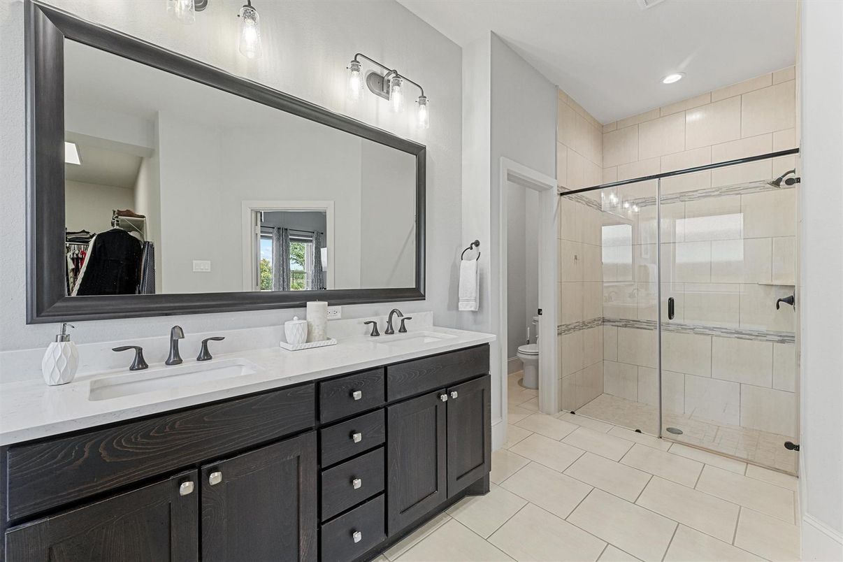 Bathroom, Dual Sink Vanities, Glass Shower, Interior, Recessed Lighting