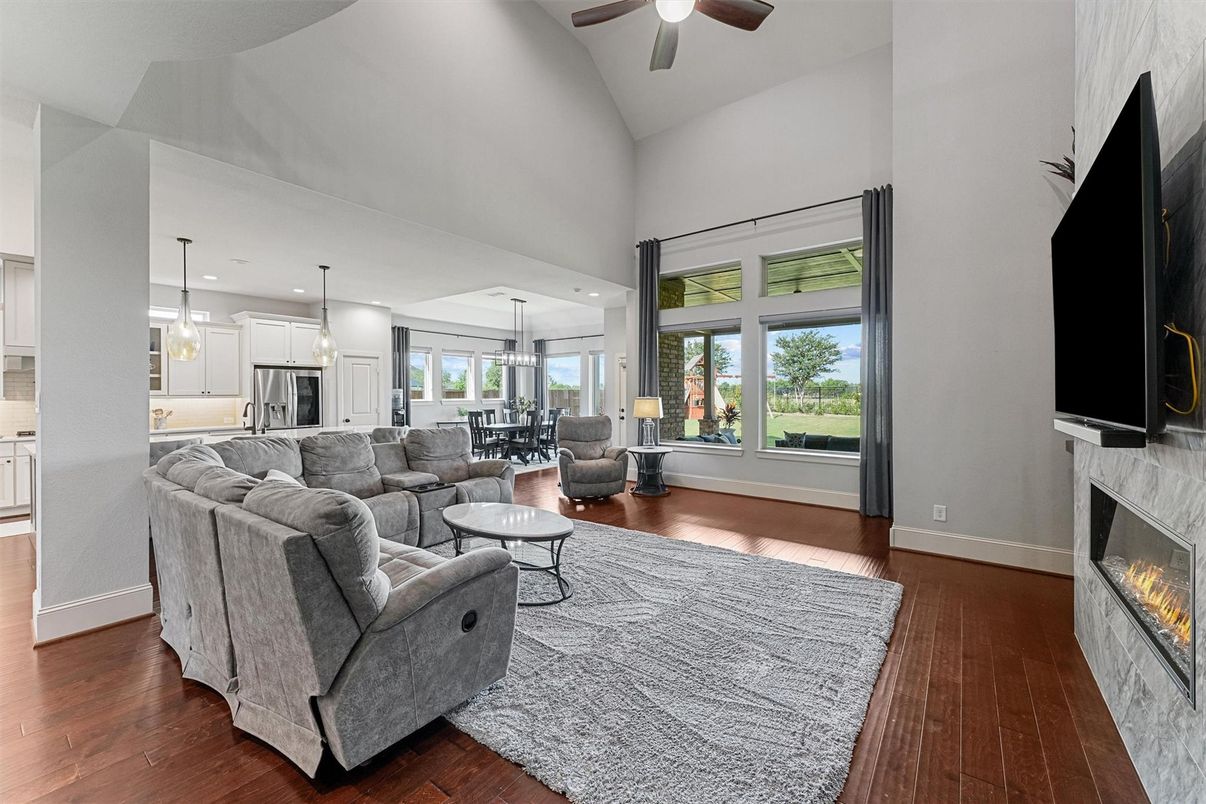 Dining room, Fireplace, Interior, Kitchen, Living room, Pendant Lights, Recessed Lighting, Wood Texture Flooring