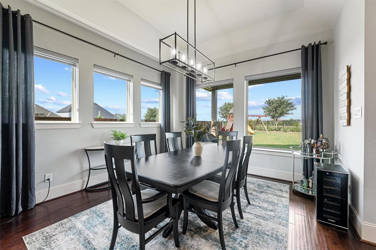 Dining room, Interior, Pendant Lights, Wood Texture Flooring