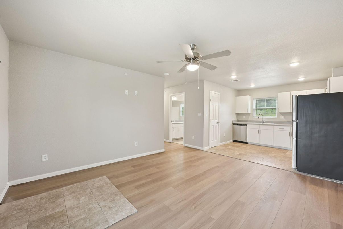 Empty room, Interior, Kitchen, Recessed Lighting, Wood Texture Flooring