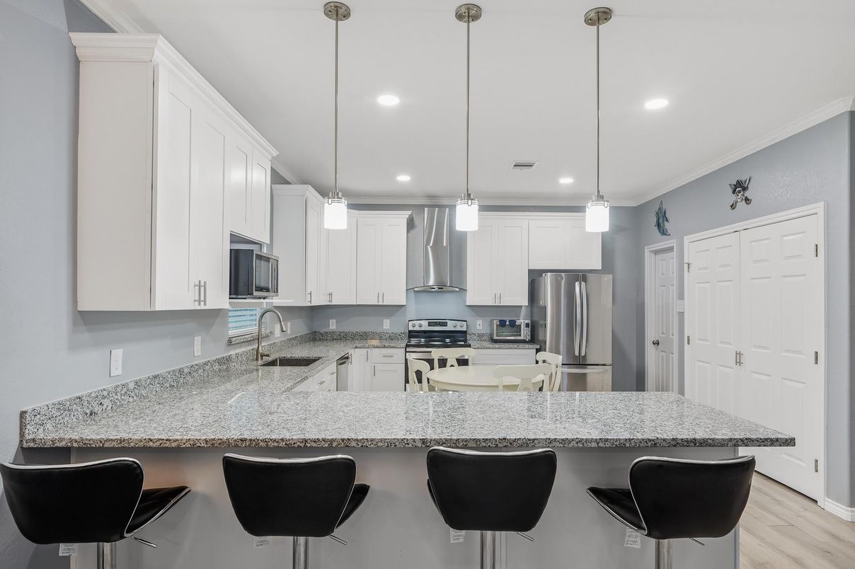 Interior, Kitchen, Pendant Lights, Recessed Lighting, Stainless Steel Appliances, Wood Texture Flooring