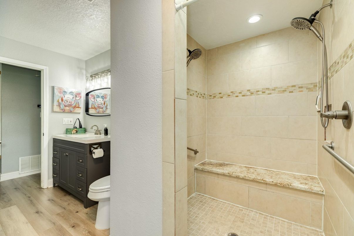 Bathroom, Interior, Recessed Lighting, Wood Texture Flooring