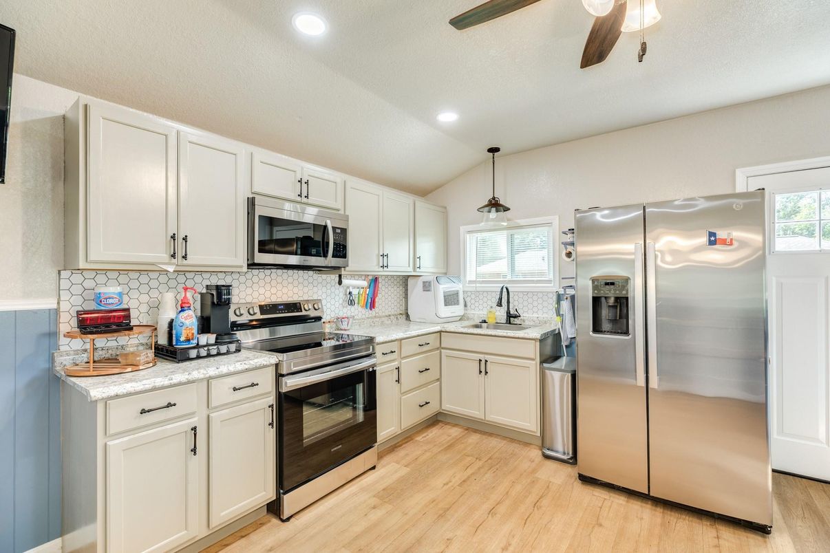 Interior, Kitchen, Pendant Lights, Recessed Lighting, Stainless Steel Appliances, Wood Texture Flooring