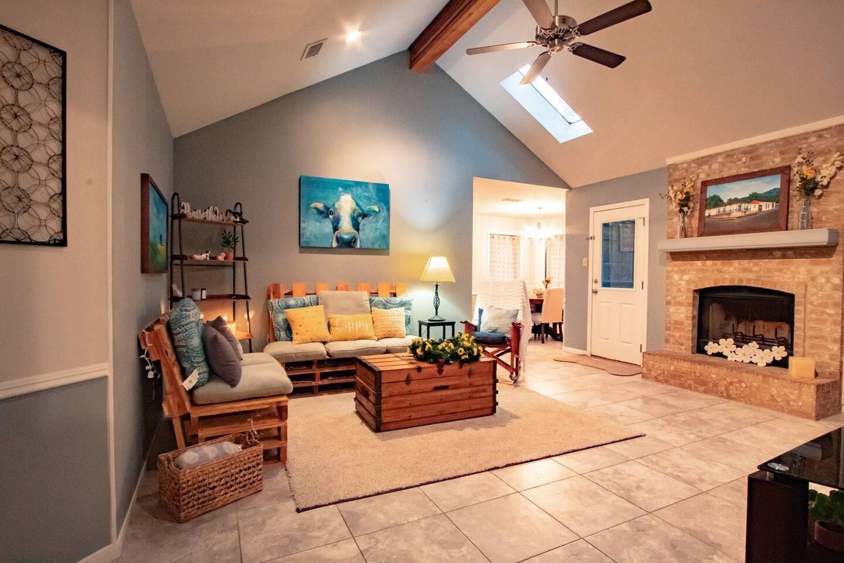 Fireplace, Interior, Living room, Recessed Lighting, Wooden Beams