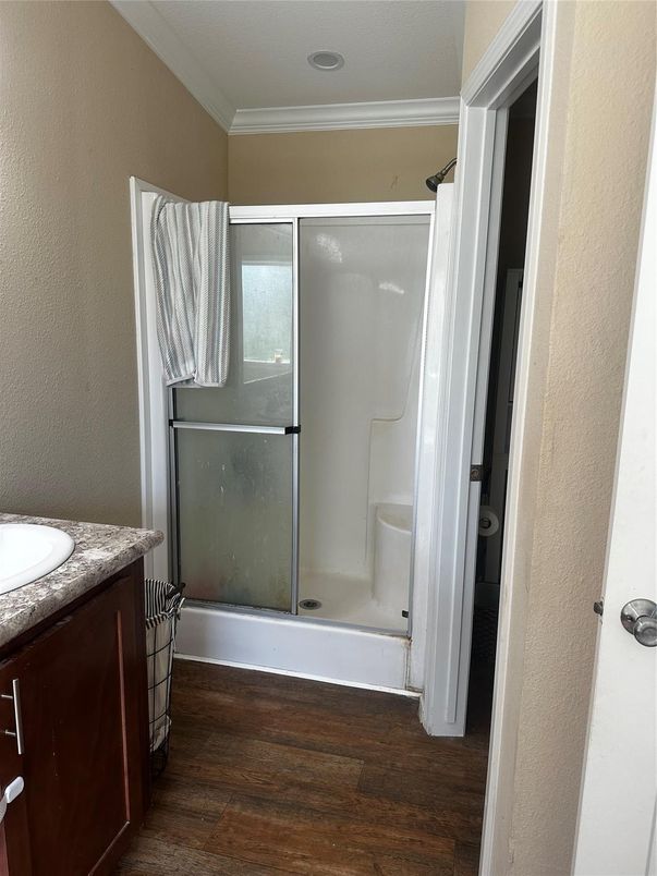 Bathroom, Glass Shower, Interior, Wood Texture Flooring