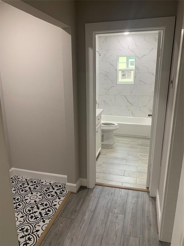 Bathroom, Interior, Marble Walls, Wood Texture Flooring