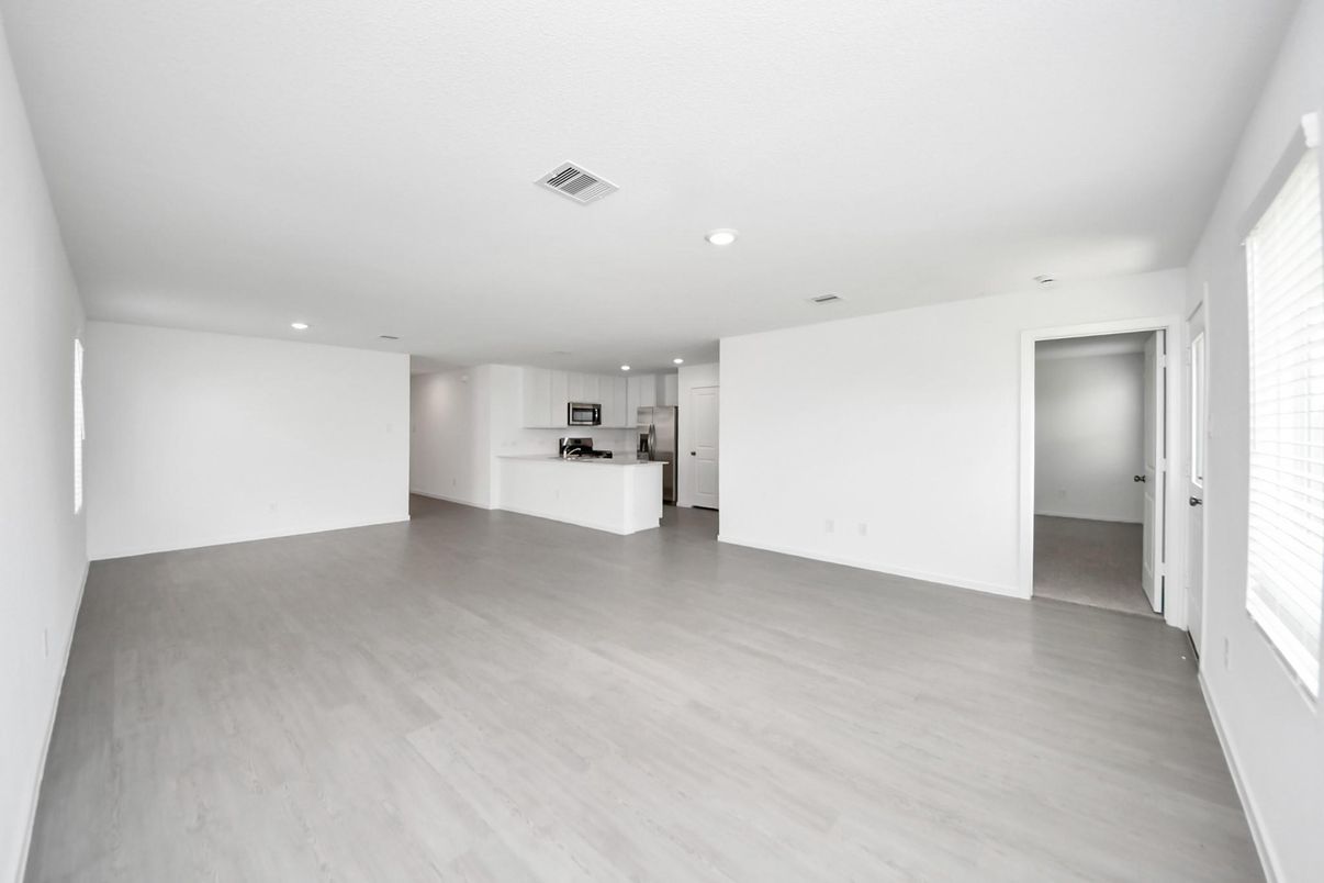 Empty room, Interior, Kitchen, Recessed Lighting, Wood Texture Flooring