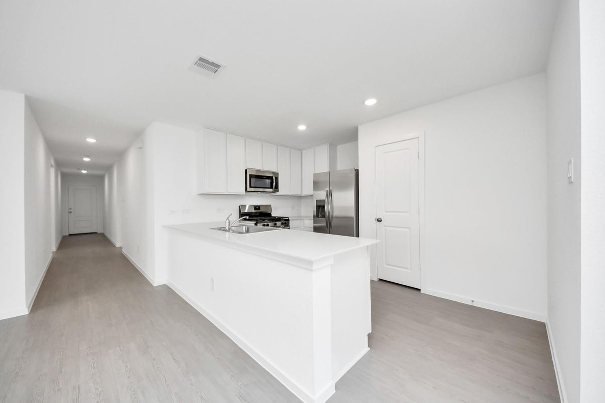 Interior, Kitchen, Recessed Lighting, Stainless Steel Appliances, Wood Texture Flooring