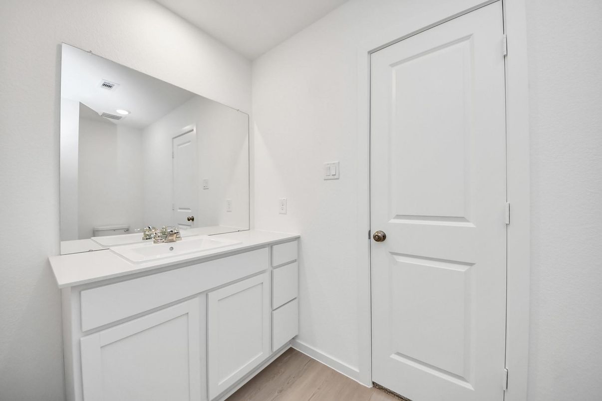 Bathroom, Dual Sink Vanities, Interior, Recessed Lighting, Wood Texture Flooring