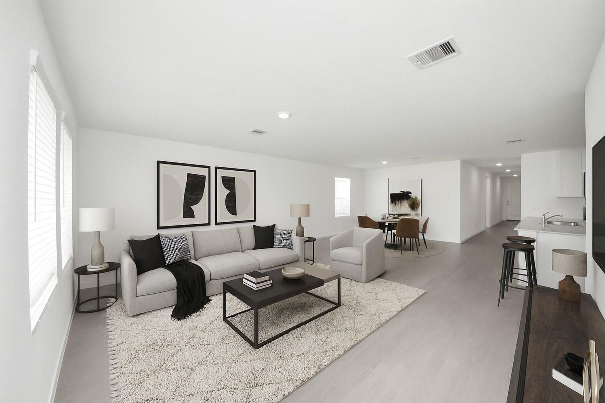 Dining room, Interior, Living room, Recessed Lighting, Wood Texture Flooring