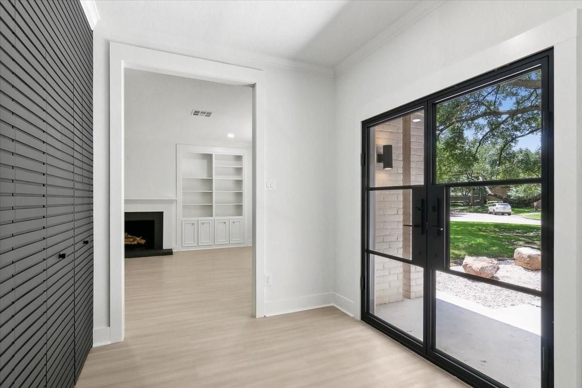 Empty room, Fireplace, Interior, Recessed Lighting, Wood Texture Flooring