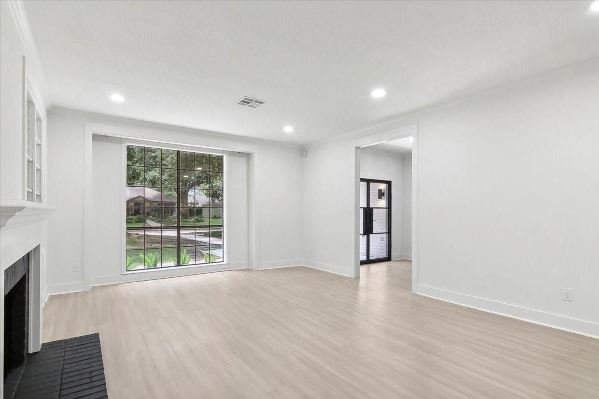 Empty room, Fireplace, Interior, Recessed Lighting, Wood Texture Flooring