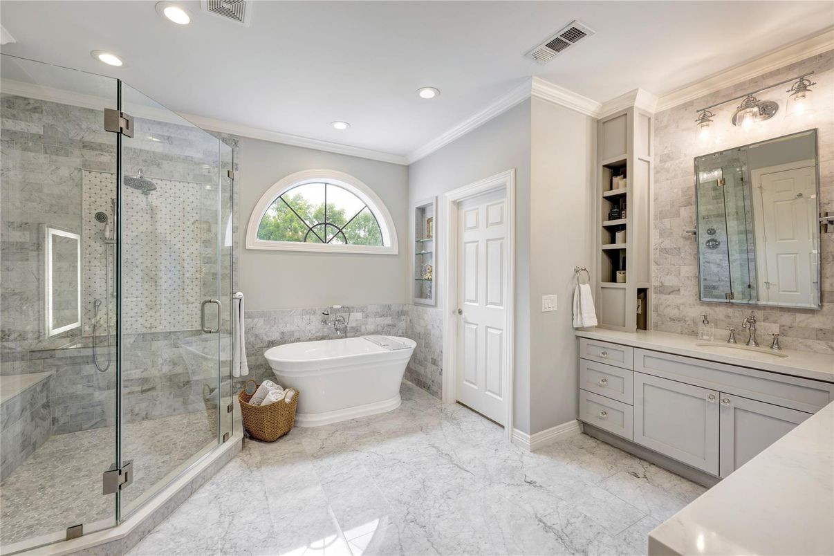 Bathroom, Free Standing Baths, Glass Shower, Interior, Marble, Recessed Lighting