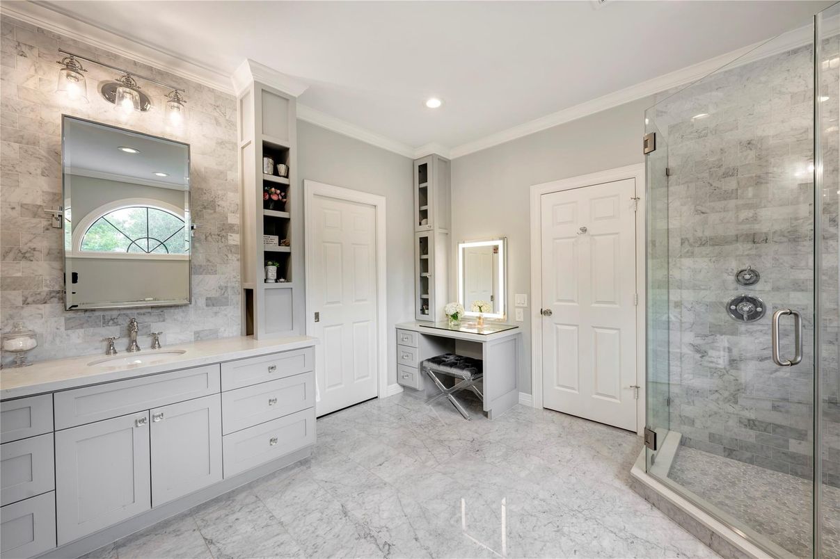 Bathroom, Glass Shower, Interior, Marble, Marble Walls, Recessed Lighting
