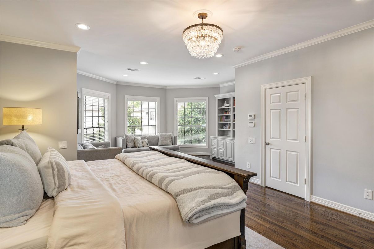 Bedroom, Chandelier, Interior, Recessed Lighting, Wood Texture Flooring